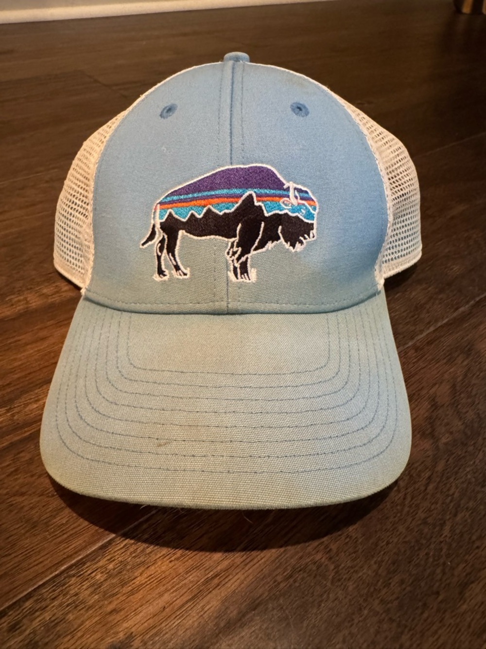 Patagonia Bison Buffalo Light Blue And White Mesh Snapback Trucker Hat